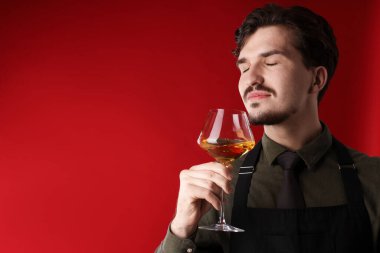 Profesyonel şarap garsonu kırmızı arka planda şarap tadıyor. Metin için boşluk