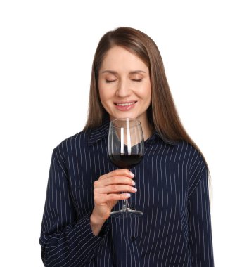 Profesyonel şarap garsonu beyaz arka planda şarap tadıyor.