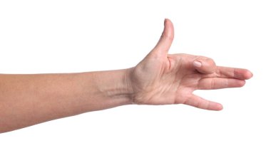 Beyaz arka planda el hareketi gösteren kadın, yakın plan.