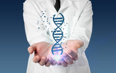 Doktor, mavi gradyan arka planda sanal DNA çift sarmal tutuyor. Yakın plan.
