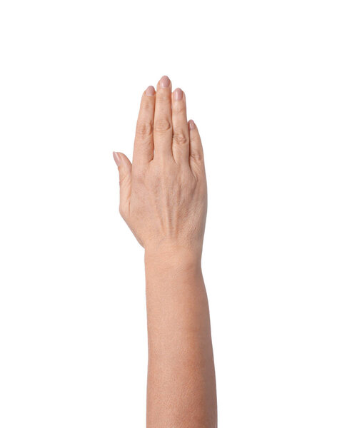 Woman with raising hand on white background, closeup