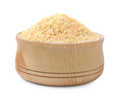 Granüle edilmiş sarımsak kasede, beyazın üzerinde izole edilmiş.