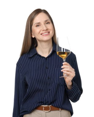 Beyaz arka planda şarap kadehi olan profesyonel şarap garsonu.