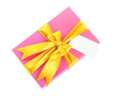 Güzel paketlenmiş hediye, boş bir kart, beyaz, üst manzara