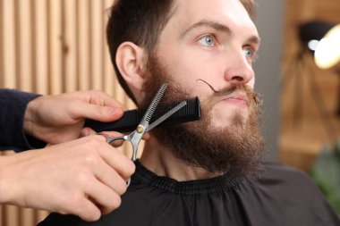 Berber dükkanında adamın sakalını buduyor, yakın plan.