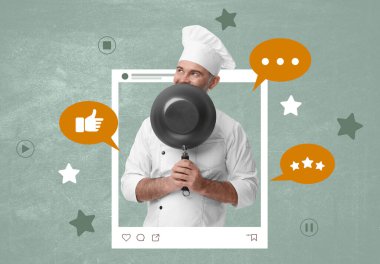 Yemek blogcusu. Sosyal medya paylaşımı çerçevesinde tavası olan bir adam. Adaçayı rengi arkaplanı