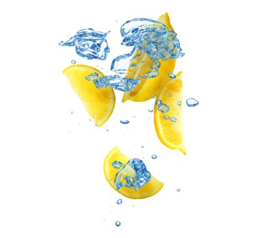 Taze limonlar beyaz arkaplana karşı suya düşüyorlar