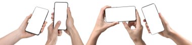 Beyaz arka planda boş ekranlı cep telefonu tutan insanlar, set
