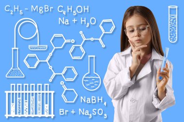Açık mavi arka planda gözlüklü ve test tüplü şirin küçük kız. Kimya ile ilgili çizimler. Fen okuyorum.