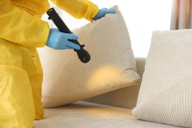 Koruyucu giysili haşere kontrol görevlisi. Kanepeyi inceleyip, el feneriyle kapatıyor.