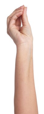 Beyaz arka planda el hareketi gösteren kadın, yakın plan.