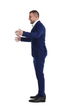 Beyaz arka plan üzerinde poz işadamı portresi tam uzunlukta