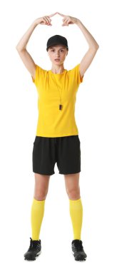 Hakem beyaz arkaplanda VAR işareti gösteriyor