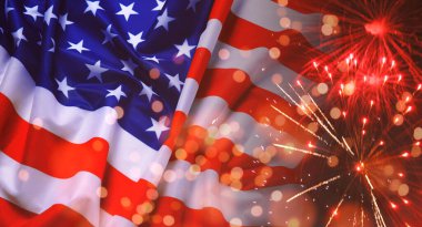 Amerikan bayrağı, havai fişekler ve Bokeh ışıkları. Ulusal bayram tebrik kartı tasarımı