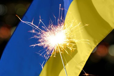 Bulanık arka planda Ukrayna bayrağı ve maytap. Ulusal bayram tebrik kartı veya poster tasarımı