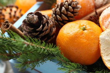 Olgun mandalinalar, baharatlar, köknar ağacı dalları ve masa üzerindeki tahta sandıkta koniler, yakın plan.