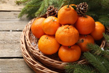 Mandallı mandalinalar, köknar ağacı dalları ve ahşap masada kar, yakın plan.