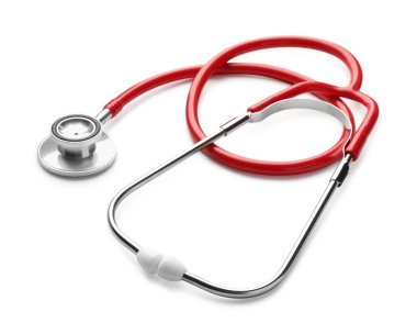 Beyaza izole edilmiş bir steteskop. Tıbbi ekipman