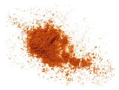 Kırmızı biber tozu beyaza izole edilmiş, üst manzara.