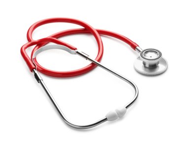 Beyaza izole edilmiş bir steteskop. Tıbbi ekipman