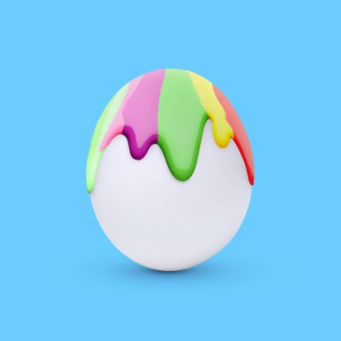 Açık mavi arka planda yumurtadan renkli boya damlıyor. Paskalya kutlaması