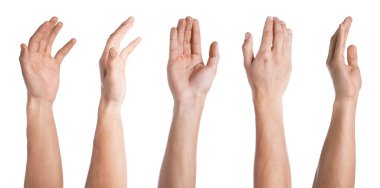 Adam ellerini beyaz arka planda farklı yönlerden gösteriyor, yakın plan. Kolaj