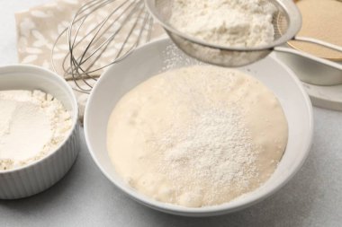 Sifting flour into bowl with dough at light table, closeup