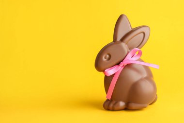 Sarı arka planda lezzetli bir Paskalya tavşanı. Metin için boşluk