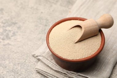 Kuru maya ve kepçeyle gri masada yakın plan. Metin için boşluk