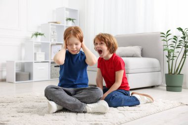 İki kardeş evde yerde oynaşıyor.