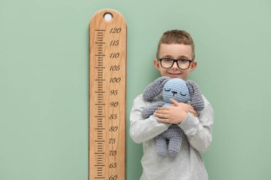 Oyuncak tavşancığı olan küçük çocuk, açık yeşil duvarın yanında boyunu grafikle ölçüyor.