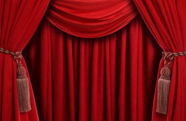Püsküllü lüks kırmızı perdeler. Tiyatro, sinema, sahne arkası
