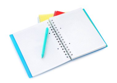 Ev ödevi. Beyaza izole edilmiş renkli defter ve kalem yığını