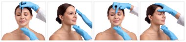 Estetik ameliyat. Beyaz arka planda kadın ve doktor, bir dizi fotoğraf.