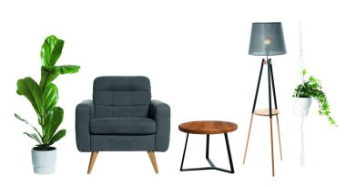 Ev bitkileri, rahat koltuk, yer lambası ve beyaz üzerine ayrılmış yan masa. Konforlu iç mekan için ayarlandı