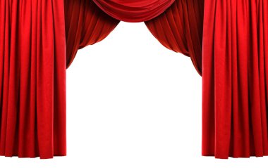 Beyaz arka planda lüks kırmızı perdeler. Tiyatro ya da sinema sahnesi