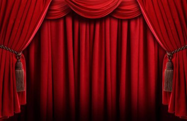 Püsküllü lüks kırmızı perdeler. Tiyatro, sinema, sahne arkası
