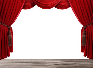 Beyaz arka planda ahşap zeminin üstünde lüks kırmızı perdeler. Tiyatro ya da sinema sahnesi