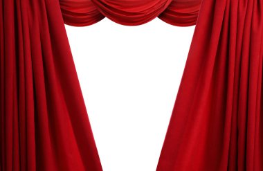 Beyaz arka planda lüks kırmızı perdeler. Tiyatro ya da sinema sahnesi