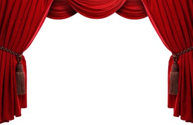 Beyaz arka planda lüks kırmızı perdeler. Tiyatro ya da sinema sahnesi