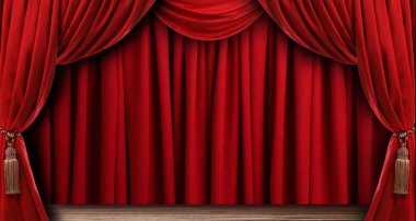 Püsküllü lüks kırmızı perdeler. Tiyatro, sinema, sahne arkası
