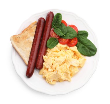 Lezzetli bir kahvaltı. Sosisli, domatesli, ıspanaklı ve kızarmış ekmekli leziz omlet.