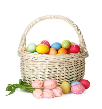 Hasır sepete boyanmış Paskalya yumurtaları ve beyaza izole edilmiş güzel laleler.