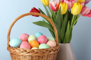 Hasır sepete boyanmış Paskalya yumurtaları ve açık mavi arkaplanda vazoda güzel laleler. Yakın plan.