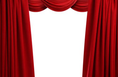 Beyaz arka planda lüks kırmızı perdeler. Tiyatro ya da sinema sahnesi