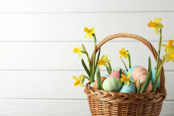 Beyaz ahşap arka planda, hasır sepete boyanmış Paskalya yumurtaları ve güzel nergisler. Yakın plan. Metin için boşluk