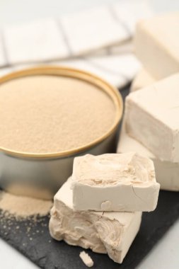 Kasede kurutulmuş maya ve ışık masasında taze mayalar, yakın plan.