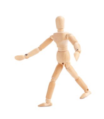 One wooden mannequin posing on white background