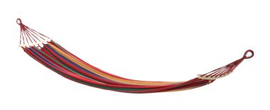 Beyazda izole edilmiş renkli bir hamak. Samimi salıncak