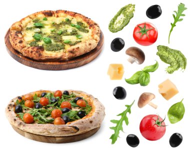 Pizza yapmak. Taze malzemeli kolaj beyaza izole edildi